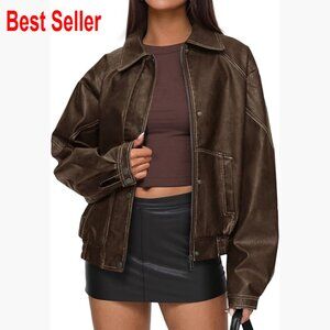 Faux Leather Bomber Jacket Women Oversized Moto Zip Up Winter Coat